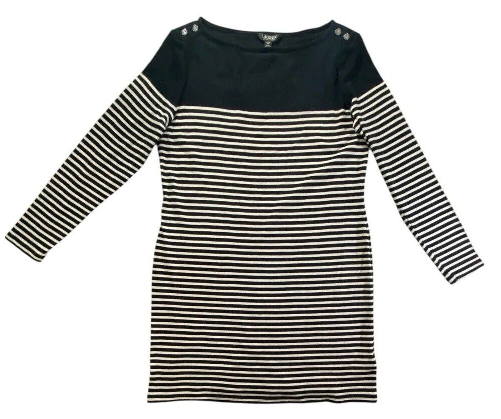 Lauren Ralph Lauren Striped Boatneck Dress Womens XL Black White 3/4 Sleeve